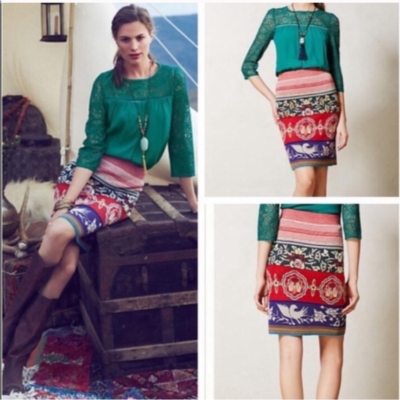 Anthropologie Moth Chava Folk Bird Floral Embroidered Sweater Pencil Skirt - M - Picture 4 of 16
